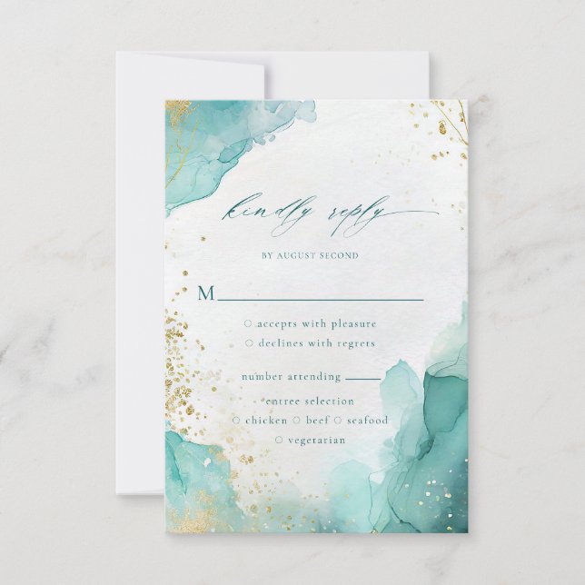 Tarjeta De Confirmación De Asistencia Teal Gold Abstract Beach Wedding Meal Options (Anverso)