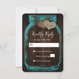 Tarjeta De Confirmación De Asistencia Teal Mason Jar Burlap Hearts Wood Wedding