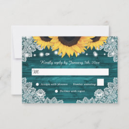 Tarjeta De Confirmación De Asistencia Teal Rustic Wood Lace Sunflower Wedding
