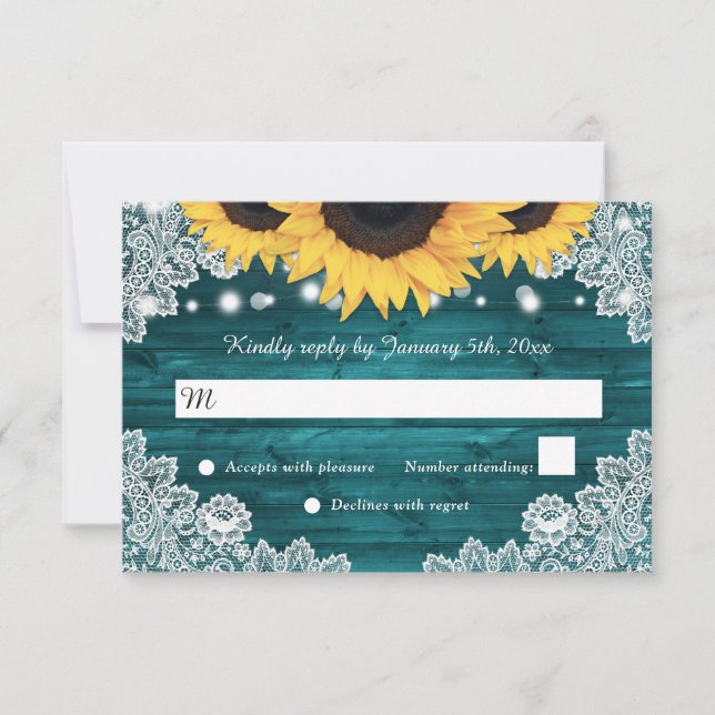 Tarjeta De Confirmación De Asistencia Teal Rustic Wood Lace Sunflower Wedding (Anverso)