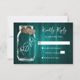 Tarjeta De Confirmación De Asistencia Teal Rustic Wood Mason Jar Burlap Hearts Wedding