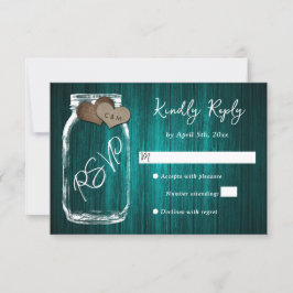 Tarjeta De Confirmación De Asistencia Teal Rustic Wood Mason Jar Burlap Hearts Wedding