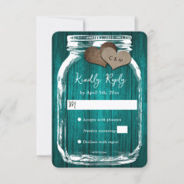 Tarjeta De Confirmación De Asistencia Teal Rustic Wood Mason Jar Fall Wedding