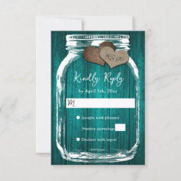 Tarjeta De Confirmación De Asistencia Teal Rustic Wood Mason Jar Fall Wedding