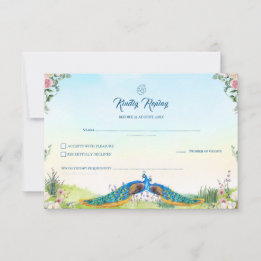 Tarjeta De Confirmación De Asistencia Tema de boda india floral pavo real azul elegante