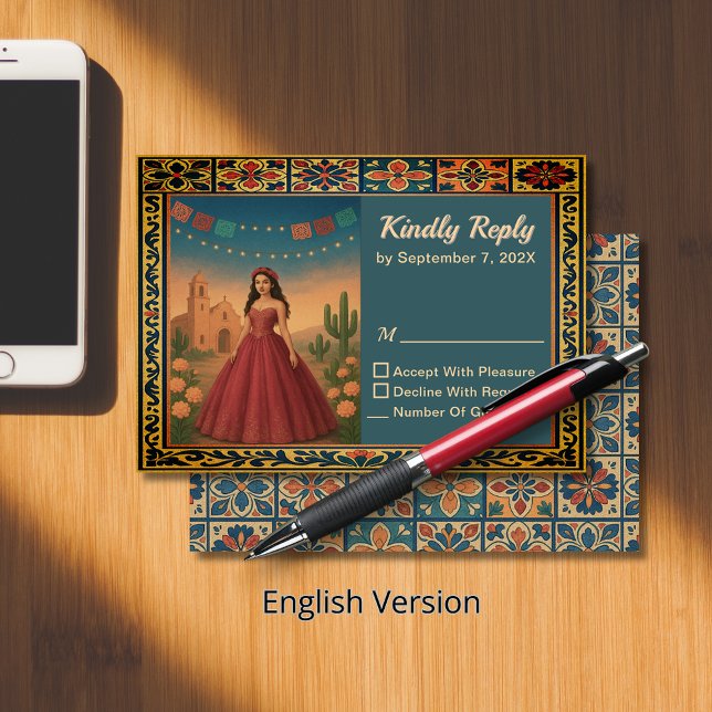 Tarjeta De Confirmación De Asistencia Tema del vestido rojo de Quinceañera (Vintage Quinceañera Red Gown Theme RSVP Ca)