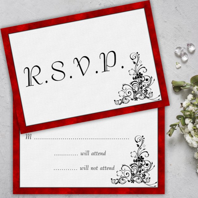 Tarjeta De Confirmación De Asistencia Terciopelo rojo, Boda negro floreciente (Subido por el creador)