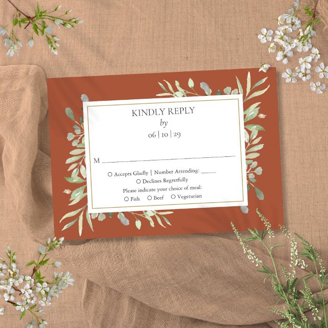 Tarjeta De Confirmación De Asistencia Terracota Elegante Vegetación acuática (Terracotta Elegant Watercolour Greenery RSVP Card)