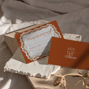 Tarjeta De Confirmación De Asistencia Terracota Naranja Quemada Encaje Elegante Boda Ret