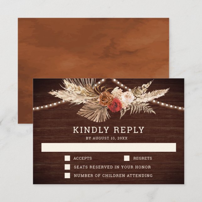 Tarjeta De Confirmación De Asistencia Terracota rústica y Boda Maroon Floral Pampas (Anverso / Reverso)
