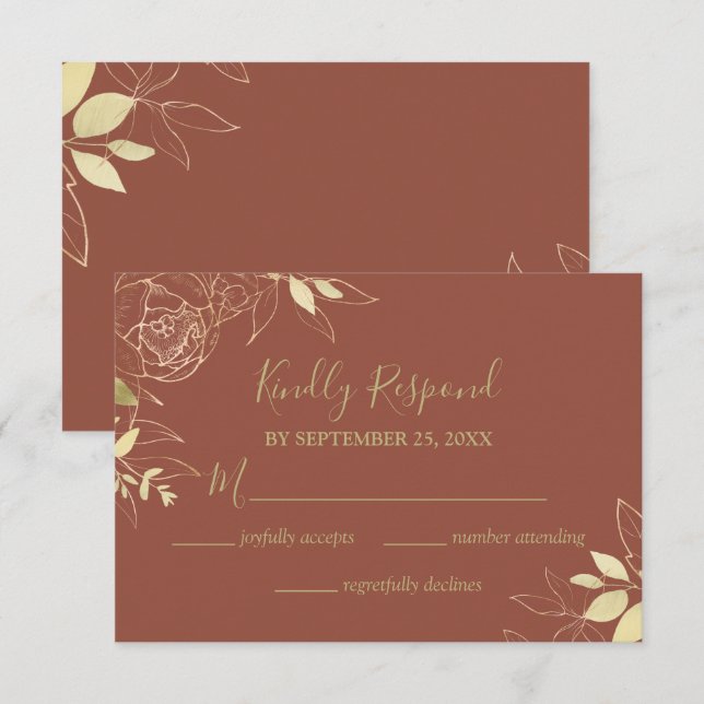 Tarjeta De Confirmación De Asistencia Terracota y Boda floral Gold Peony (Anverso / Reverso)