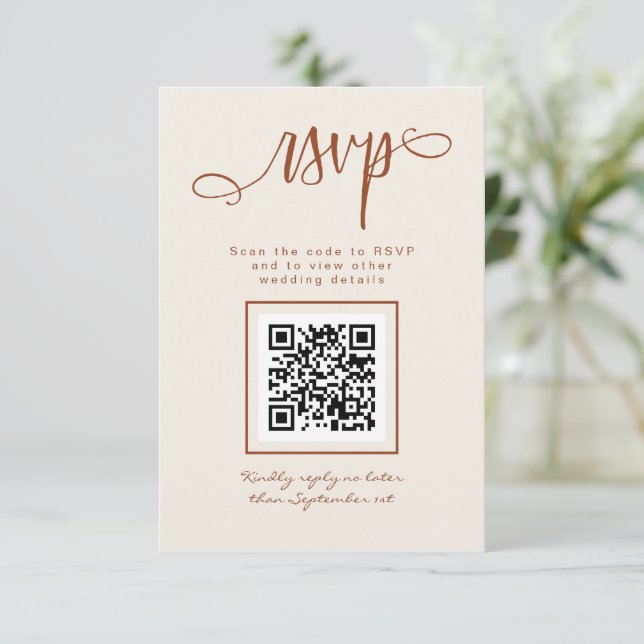 Tarjeta De Confirmación De Asistencia Terracotta Beige Guión manuscrito Código QR simple (Anverso de pie)