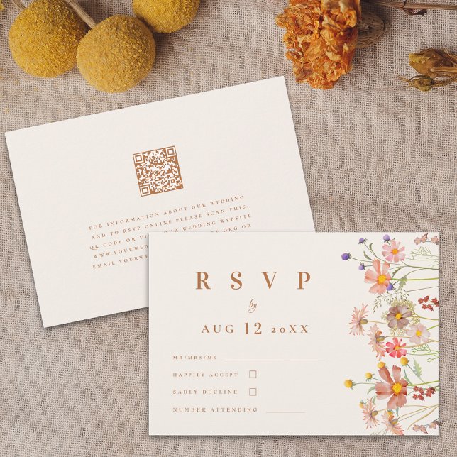 Tarjeta De Confirmación De Asistencia Terracotta Boho Fall Boda Floral (Boho fall Wildflower Wedding rsvp card with website qr code autumn watercolor florals terracotta)