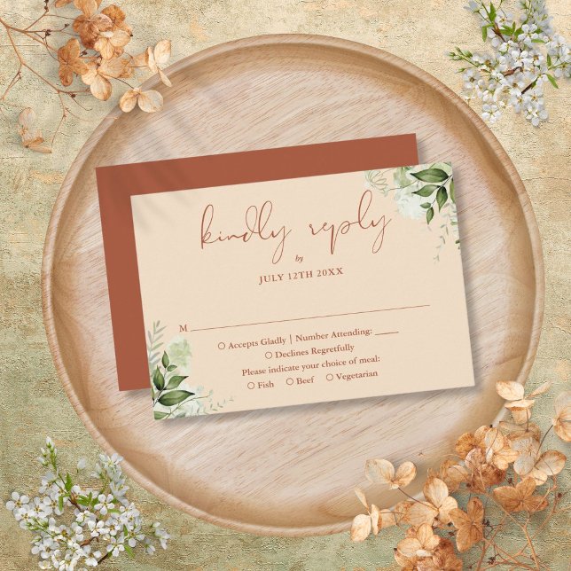 Tarjeta De Confirmación De Asistencia Terracotta Greenery Elegante Boda de guión (Terracotta Greenery Elegant Script Wedding RSVP Card)