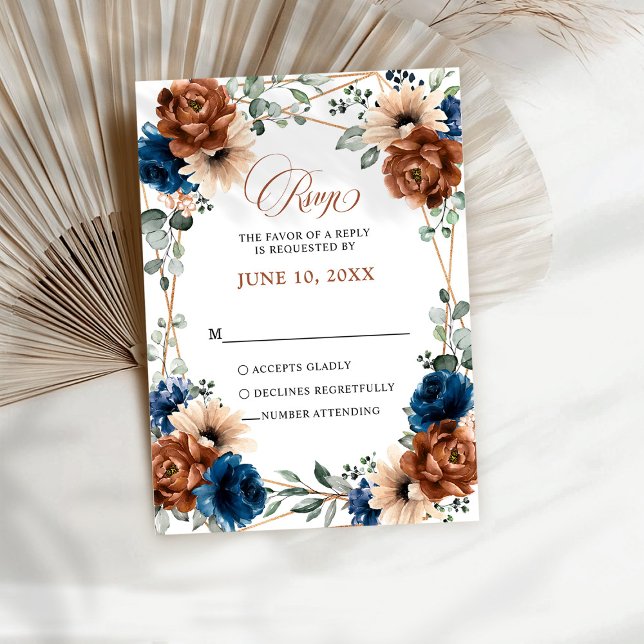 Tarjeta De Confirmación De Asistencia Terracotta Navy Blue Greenery Boda geométrico RS (Terracotta Navy Blue Greenery floral Geometric Wedding  RSVP Card)
