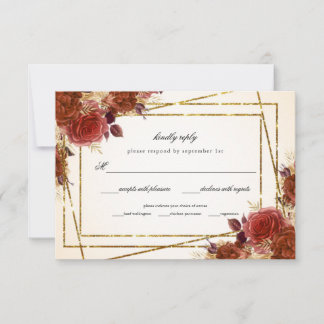Tarjeta De Confirmación De Asistencia Terracotta Purpurina de oro floral Boda de marco