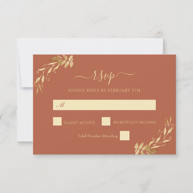 Tarjeta De Confirmación De Asistencia Terracotta Rust Gold Eucalyptus Foliage Boda (Anverso)