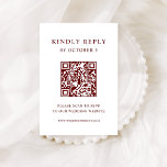 Tarjeta De Confirmación De Asistencia Texto blanco y rojo oscuro | Código QR Boda<br><div class="desc">Esta minimalista y elegante tarjeta de respuesta de boda de código QR escaneable presenta un moderno texto rojo oscuro sobre un fondo blanco,  para un aspecto sencillo y elegante. Sus huéspedes pueden escanear fácilmente el código para visitar el sitio web de su boda y rsvp en línea.</div>