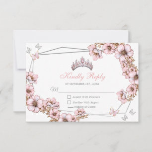 Tarjeta De Confirmación De Asistencia Tiara de mariposa de plata rosa Quinceañera