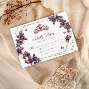Tarjeta De Confirmación De Asistencia Tiara de rosas doradas púrpura mariposas Quinceañe
