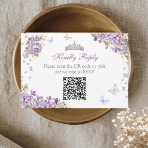 Tarjeta De Confirmación De Asistencia Tiara Floral de Mariposa de Plata Lavanda Quinceañ