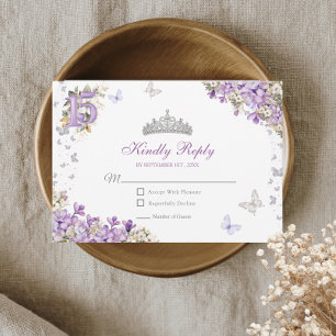 Tarjeta De Confirmación De Asistencia Tiara floral de mariposa de plata lavanda Quinceañ