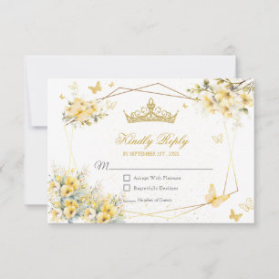 Tarjeta De Confirmación De Asistencia Tiara floral de mariposas doradas amarillas Quince