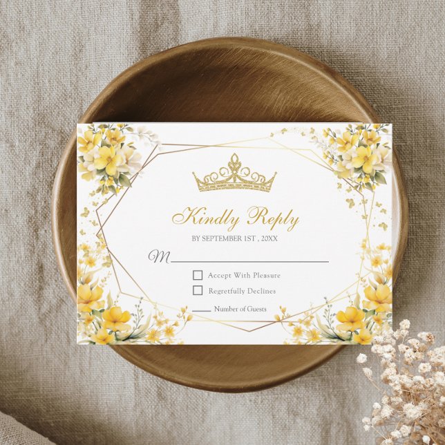Tarjeta De Confirmación De Asistencia Tiara Floral Mariposas Amarillo Dorado Quinceañera (Subido por el creador)