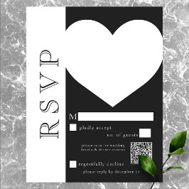 Tarjeta De Confirmación De Asistencia Tipografía moderna Boda de Corazón Blanco Negro QR