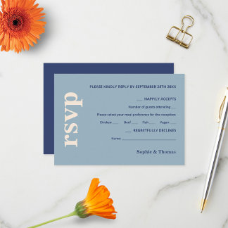 Tarjeta De Confirmación De Asistencia Tipografía Moderna y Negrita para Boda Azul Polvo