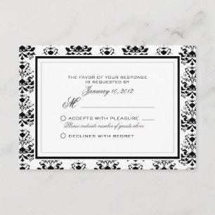 Tarjeta De Confirmación De Asistencia Todo blanco con negro Damask elegante Personalizad