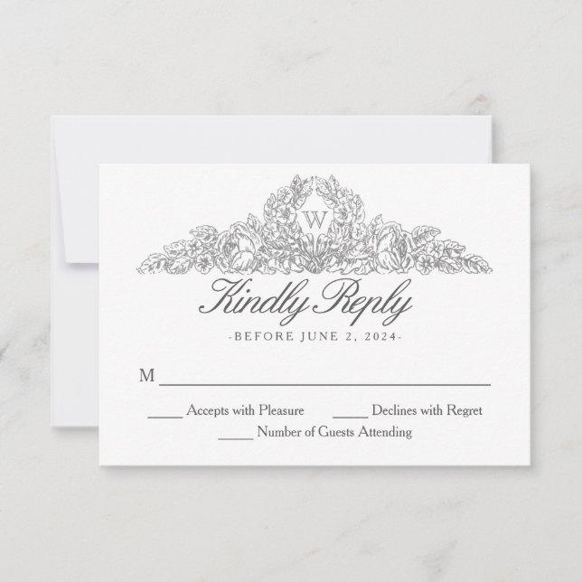 Tarjeta De Confirmación De Asistencia Tradicional elegante | Boda Gris de Versalles (Anverso)