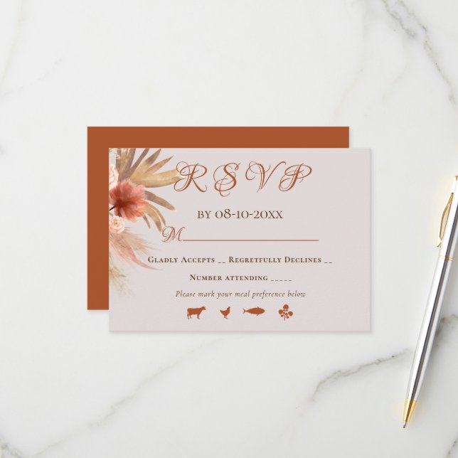 Tarjeta De Confirmación De Asistencia Trendy Bohemian Terracotta Boho Floral Bouquet (Anverso/Reverso In Situ)