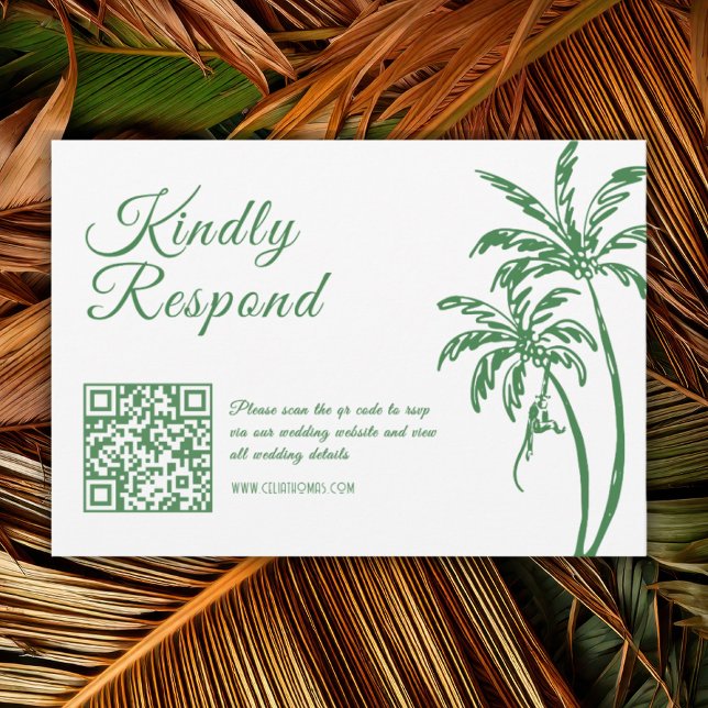 Tarjeta De Confirmación De Asistencia Tropical Coastal Retro Beach Green Wedding QR Code (Subido por el creador)