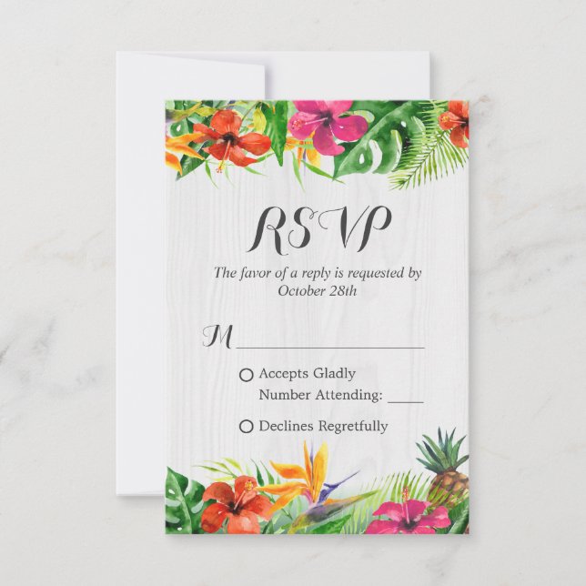 Tarjeta De Confirmación De Asistencia Tropical Floral Flamingo Boda de Madera Rústica RS (Anverso)