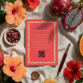 Tarjeta De Confirmación De Asistencia Tropical Scallop Border Pink QR Wedding