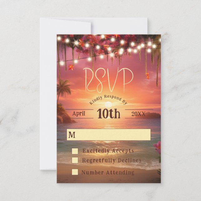 Tarjeta De Confirmación De Asistencia Tropical Sunset String Lights Beach Wedding (Anverso)