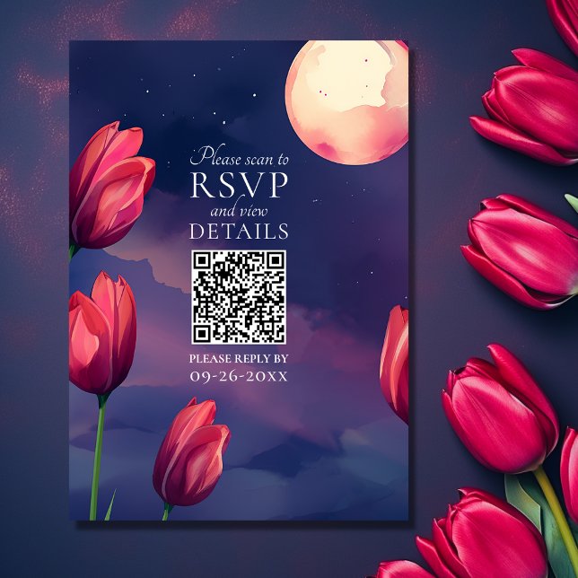 Tarjeta De Confirmación De Asistencia Tulipanes rojos, luna llena y estrellas Boda de có (Front - Red Tulips, Full Moon and Stars QR Code Wedding RSVP Card)