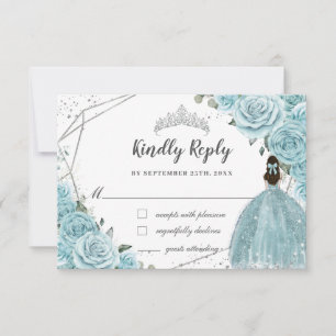 Tarjeta De Confirmación De Asistencia Turquesa Azul Floral Plata Quinceañera Princesa