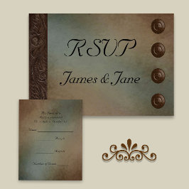 Tarjeta De Confirmación De Asistencia Turquesa de cuero negro y morena marrón