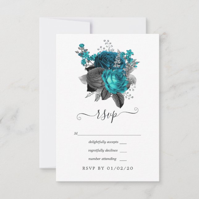 Tarjeta De Confirmación De Asistencia Turquesa - Verde azulado Boda floral negro y plate (Anverso)