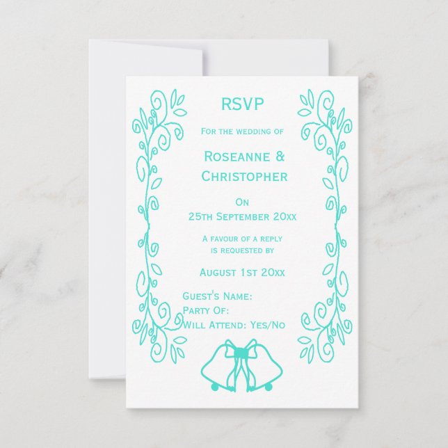 Tarjeta De Confirmación De Asistencia Turquoise Bells Scrollwork Design Boda (Anverso)
