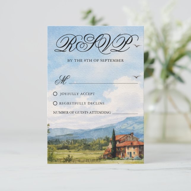 Tarjeta De Confirmación De Asistencia Tuscan Countryside Scenery Wedding Response Card (Anverso de pie)