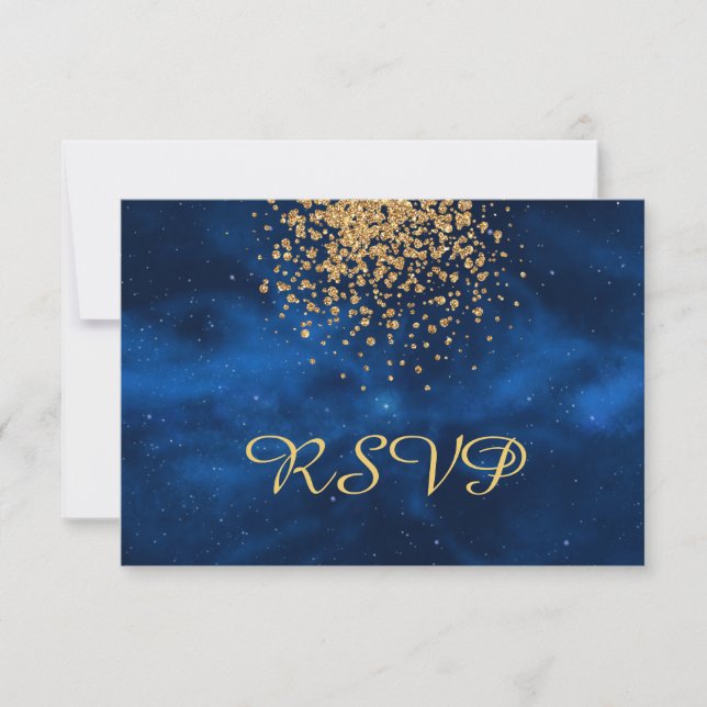 Tarjeta De Confirmación De Asistencia Universo Azul con el Confeti de Oro (Anverso)
