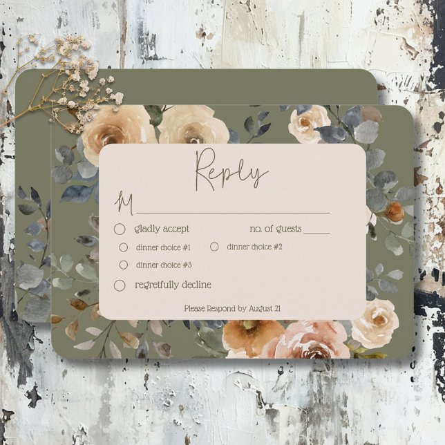 Tarjeta De Confirmación De Asistencia Vainilla Rosas del Boho Blanco Cena Boda sabio (Vanilla White Boho Roses Sage Wedding Dinner RSVP Card)