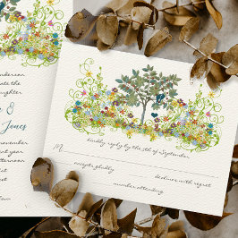 Tarjeta De Confirmación De Asistencia Verde azulado Amor Vintage Bird Flor Swirl Wedding