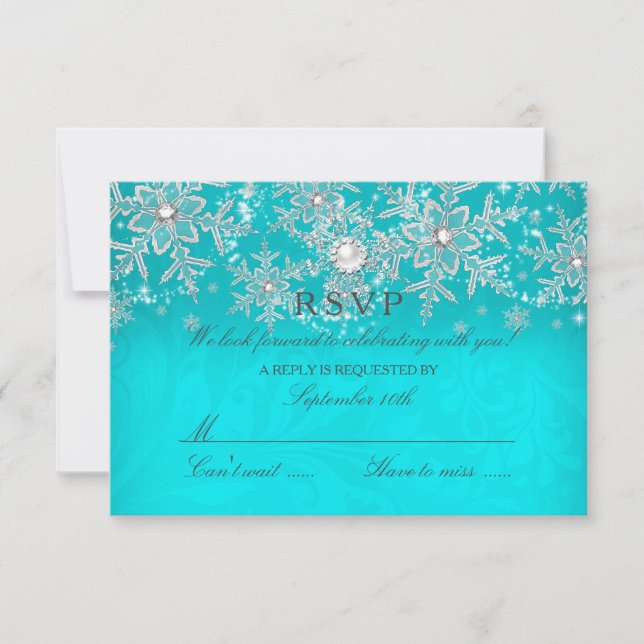 Tarjeta De Confirmación De Asistencia Verde azulado Cristal Pearl Snowflake Silver Winte (Anverso)