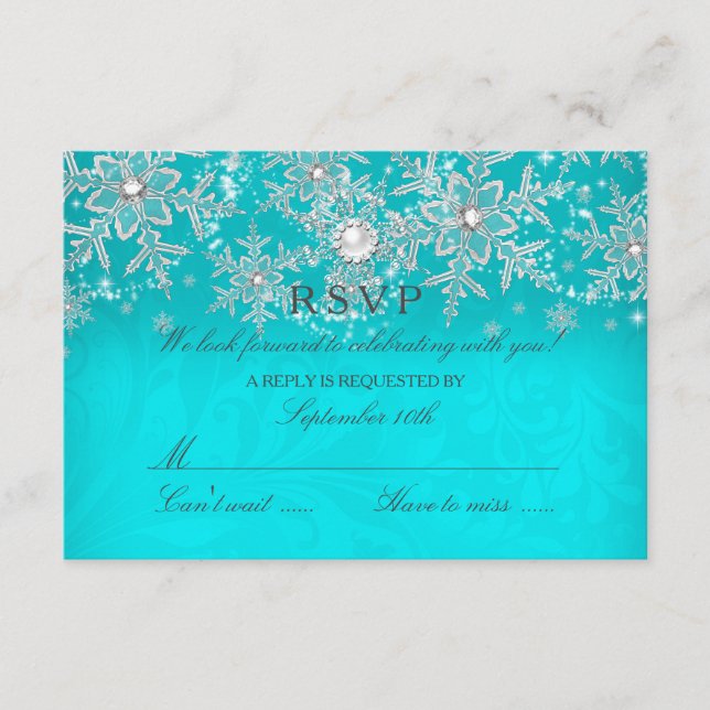 Tarjeta De Confirmación De Asistencia Verde azulado Cristal Pearl Snowflake Silver Winte (Anverso)