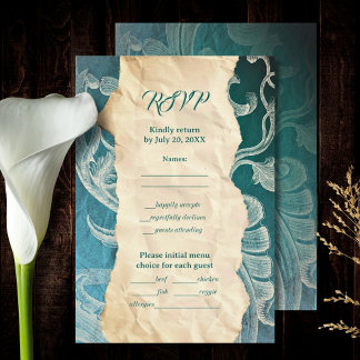 Tarjeta De Confirmación De Asistencia Verde azulado Rococo Scroll con elegancia vintage