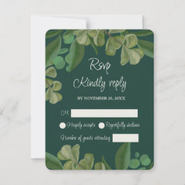 Tarjeta De Confirmación De Asistencia Verde esmeralda Elegante vegetación rústica hojas 